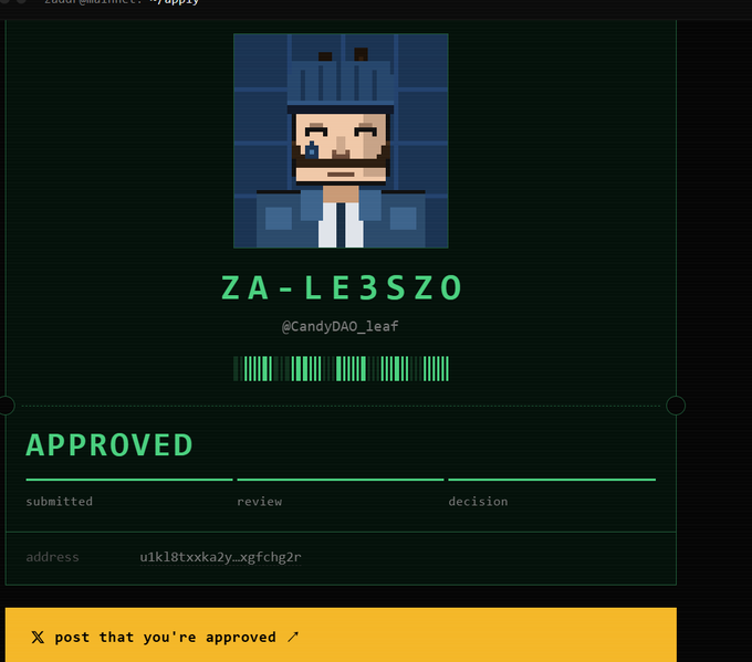 A green-themed digital approval screen for 'ZA-LE3SZO' by @CandyDAO_leaf, showing status 'APPROVED' across submitted, review, and decision stages.