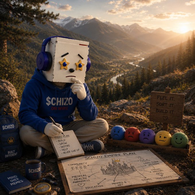 A surreal scene of a person wearing a box mask with star eyes, blue headphones, and a '$CHIZO ON WIRE' hoodie, sitting on a mountain peak with a notebook listing today's plan (Build, Grow, Inspire, Help, Never Give Up) alongside a 'Schizo Empire Plan' board with emoji mood faces.