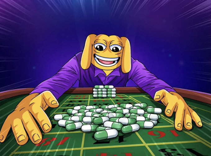 A cartoon illustration of a yellow dog-like character wearing a purple shirt, leaning over a casino roulette table piled high with green and white casino chips.
