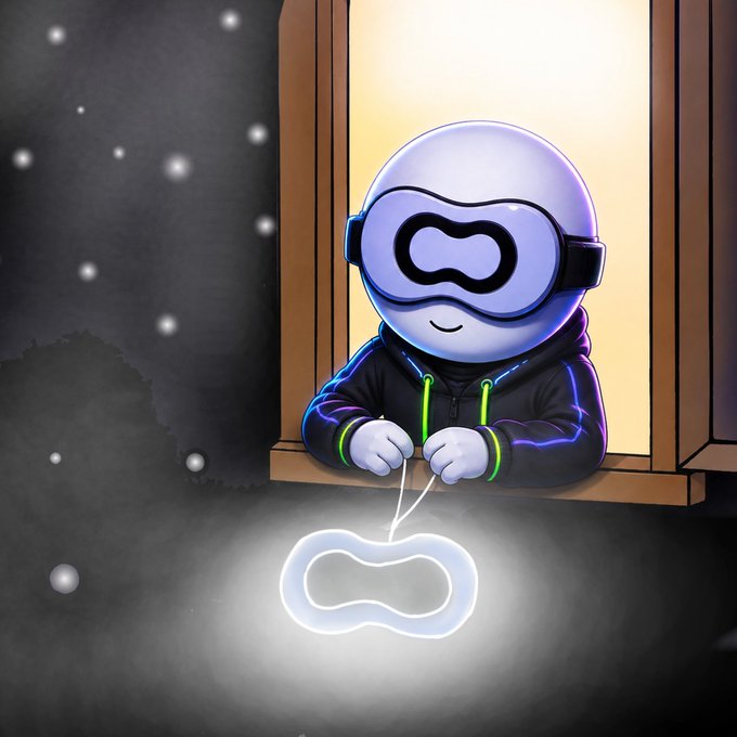 A cartoon-style illustration of a purple astronaut-like character wearing goggles, sitting at a window and holding a glowing infinity symbol on a string, set against a dark, snowy background.