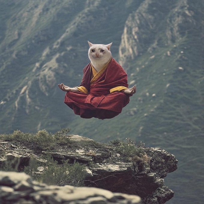 A white cat wearing a maroon and yellow monk's robe appears to levitate in a meditative pose over a rocky cliff with mountains in the background.