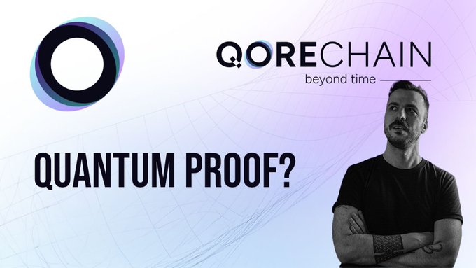 A promotional graphic for QORECHAIN featuring the text 'beyond time' and 'QUANTUM PROOF?', alongside a black-and-white photo of a tattooed man with crossed arms.