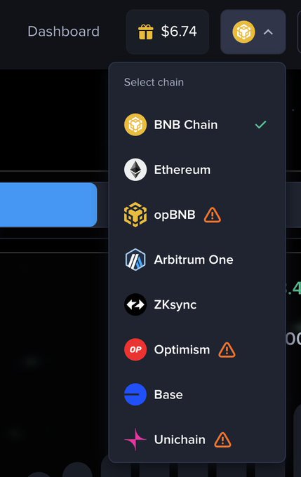 A mobile app dashboard showing a 'Select chain' menu with cryptocurrency networks including BNB Chain (selected), Ethereum, opBNB, Arbitrum One, ZKsync, Optimism, Base, and Unichain, with a balance of $6.74.
