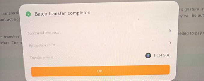 A confirmation popup shows "Batch transfer completed" with 8 successful addresses, 0 failures, and a total transfer amount of 1.024 SOL, confirming the $500 airdrop to the 9 giveaway winners was successfully sent.