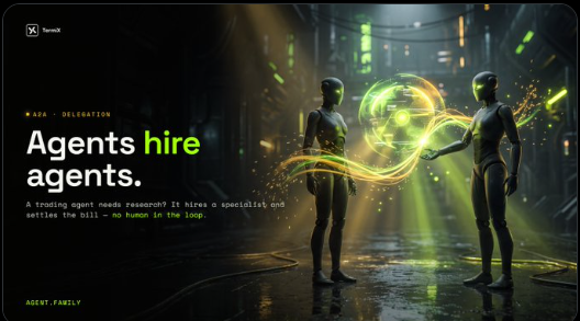 A digital poster titled 'Agents hire agents' by KanaAI describes an APA delegation concept where a trusting agent hires a specialist agent to settle the bill with no human in the loop.