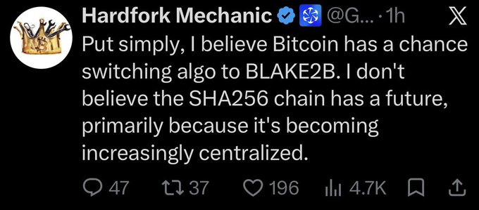 A tweet from Hardfork Mechanic (@G...) that reads, 'Put simply, I believe Bitcoin has a chance switching algo to BLAKE2B. I don't believe the SHA256 chain has a future, primarily because it's becoming increasingly centralized.' The post has 47 replies, 37 reposts, 196 likes, and 4.7K views.