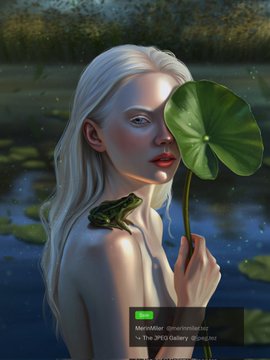 The image features an artist's digital illustration of a woman holding a green frog, which appears to be floating above her head. The background includes water lily pads and a pond setting, creating a serene atmosphere for the scene. The image is accompanied by a caption that reads "Happy Tuesday and SOLD Thank you so much, dear @jpeg2023 , for collecting the edition #ThePOFOgala #Emergence beneath the water lily".