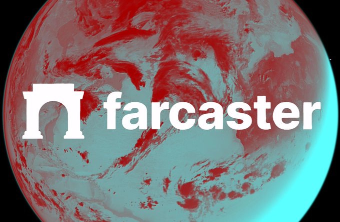 The image shows the Farcaster logo, featuring a stylized white "n" icon next to the word "farcaster" in lowercase white text, overlaid on a red and teal planet resembling Earth set against a black background. The image visually represents the Farcaster brand as the article discusses the protocol being put up for a new operator following its acquisition by Neynar.