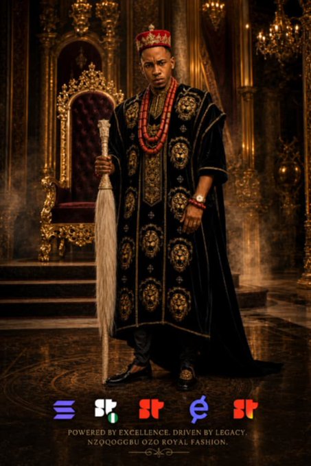 The image features a man dressed in traditional African clothing, standing in front of an ornate throne or royal chair. He holds a staff with a fan attached to it. The poster also includes text that reads "E SRE", which could be interpreted as either "Excellence" or "Royal Fashion". The post seems to be promoting the idea of Africa's rich cultural heritage and its potential impact on global fashion trends, particularly in the context of the Solana Summit happening in Germany during June 13th.