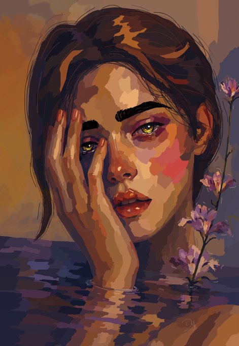 A stylized digital painting depicts a melancholic young woman with her hand against her face, her chin resting above water that reflects fragmented patterns, with soft pink blossoms branching beside her. The artwork's introspective mood and pensive gaze visually echo the "Heavy mind through endless days" title, capturing a sense of quiet contemplation and emotional weight.
