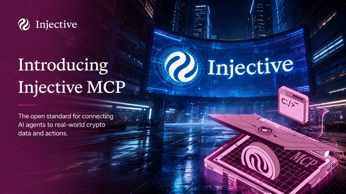 The image features a poster for an injective platform that has been built over time. The poster includes a cityscape at night as part of its design elements. The text on the poster reads "Introducing Injective MCP", which is related to the name of the platform, and it also mentions that the platform was created by AI-powered app development using dAppBuilder. Additionally, there are two icons in the image: a laptop with an open lid and a coin slot. The text on the poster states "The open standard for connecting agents to real world crypto data and actions".