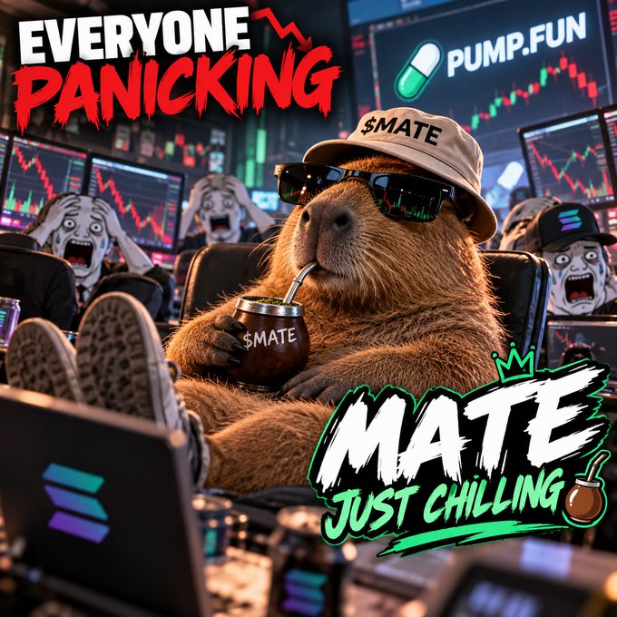A meme-style image featuring a capybara wearing a bucket hat and sunglasses, sipping from a mate gourd labeled '$MATE', with text reading 'EVERYONE PANICKING', 'PUMP.FUN', and 'MATE JUST CHILLING', set against a background of distressed traders.