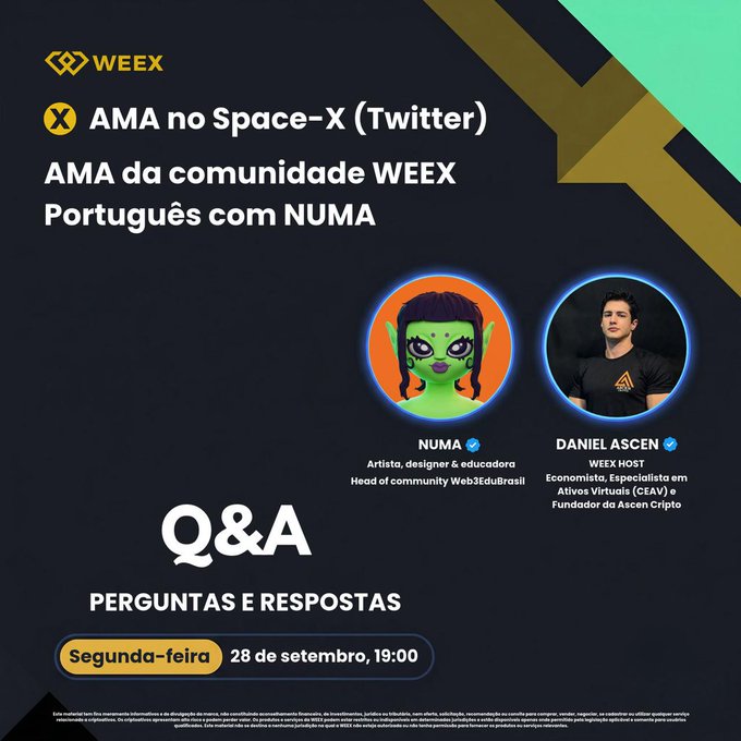 A promotional graphic for a WEEX AMA event on Space-X (Twitter) featuring NUMA and Daniel Ascen, scheduled for Monday, September 28 at 19:00, with a Q&A banner.