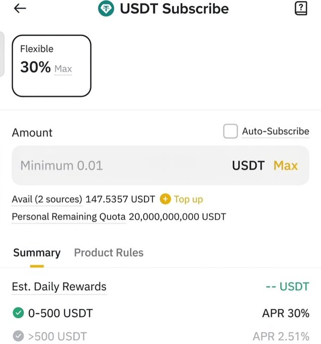A screenshot of a 'USDT Subscribe' interface showing a flexible subscription with a maximum 30% APR, an available balance of 147.5357 USDT, and a personal remaining quota of 20,000,000,000 USDT.