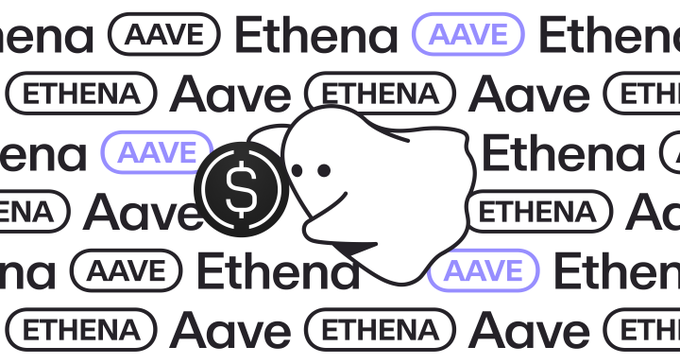 The image features a repeating background pattern with the words "Ethena," "Aave," and "AAVE" enclosed in pill-shaped outlines, overlaid with a black cartoon pig illustration holding a dollar sign coin. This visual ties into the announcement about USDe being supplied as collateral on Aave's Monad market with a 1% yield boost, where the pig likely symbolizes "piggy bank" savings from earning enhanced rewards on Ethena's USDe collateral.