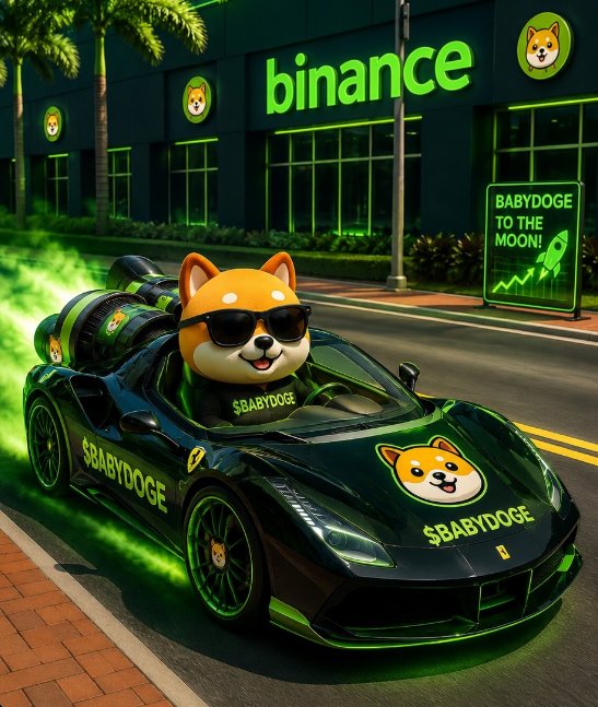 A vibrant 3D illustration of a Shiba Inu dog wearing sunglasses, driving a black sports car branded with '$BABYDOGE' past a 'binance' building, with a 'BABYDOGE TO THE MOON!' sign in the background.