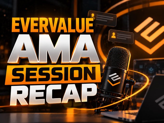 A promotional graphic for 'EVERVALUE AMA SESSION RECAP' featuring a studio microphone and chat bubbles in an orange and black color scheme.