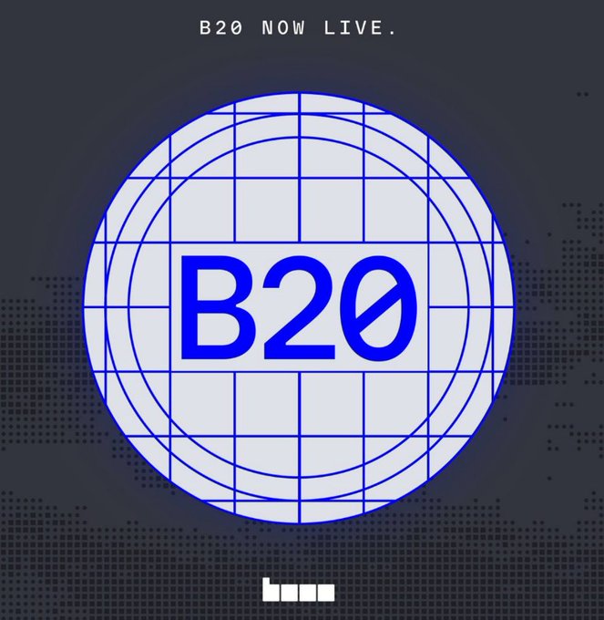 A pixel-art style graphic displays a blue globe with grid lines and the text 'B20' in the center, with 'B20 NOW LIVE.' written at the top.