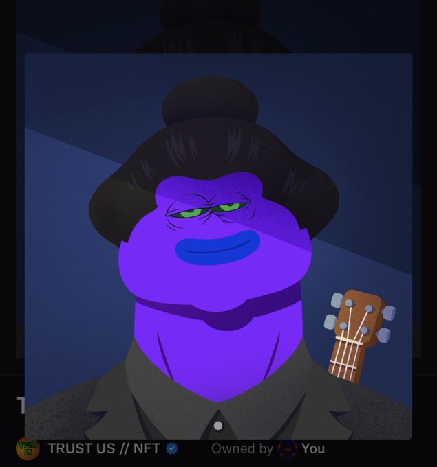 A stylized digital artwork of a purple, frog-like character wearing a black topknot hairstyle and a dark shirt, holding a guitar neck. Text at the bottom reads 'TRUST US // NFT' and 'Owned by You'.