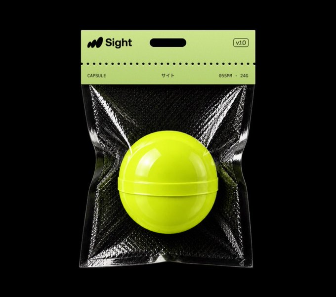 A bright neon-green “Sight” capsule, marked “v1.0,” “CAPSULE,” “サイト,” and “Ø55MM · 24G,” is shown in clear packaging. It appears to represent the upcoming Sight NFT/Token prediction market on Robinhood and its limited, free-mint Genesis collection.