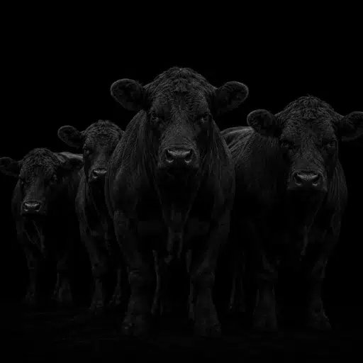 A group of black bulls stands together against a dark background, with the largest bull in the center and others flanking it. The image visually reinforces the metaphor of a "drove of cattle" being led to a feeding trough, paralleling the post's comparison of traders—called "trenchers" or "bulls"—being led by a leader (ansem) toward buying opportunities.