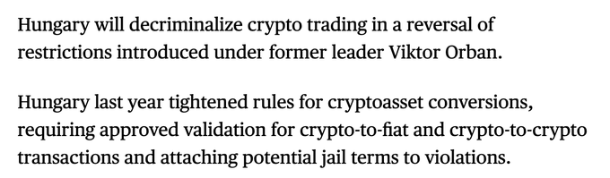 The image shows a gray background with white text that reads " Hungary will decriminalize Bitcoin trading in a reverse of restrictions introduced under former leader Viktor Orbán. Hungary last year tightened rules for crypto-trading conversions, requiring approved valuations for crypto-to- fiat and crypto-to-crypto transactions and attaching potential jail terms to violators."
