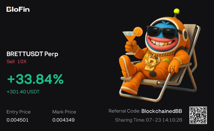 This image shows a successful trade on BloFin for BRETTUSDT Perp with a 33.84% profit of +301.40 USDT, achieved by selling with 10X leverage, as celebrated by a cartoon character enjoying a drink.