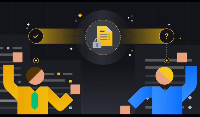 An illustration of two people in business attire discussing a document with a lock icon, connected by a line with a checkmark and a question mark, symbolizing a workflow or transaction process.