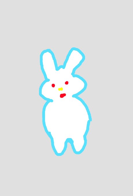 A simple, child-like digital drawing of a white bunny rabbit with a light blue outline, red eyes, and a red mouth on a plain gray background.