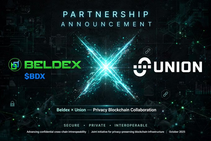 A 'PARTNERSHIP ANNOUNCEMENT' graphic between 'BELDEX $BDX' and 'UNION' features a glowing cyan 'X' design with the tagline 'Beldex × Union — Privacy Blockchain Collaboration' and 'SECURE · PRIVATE · INTEROPERABLE' dated October 2025.