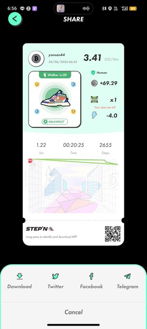 A STEPN app share screen showing a virtual walk recording 1.22 km in 20:25 with 2,655 steps using Walker Lv.20 sneakers.