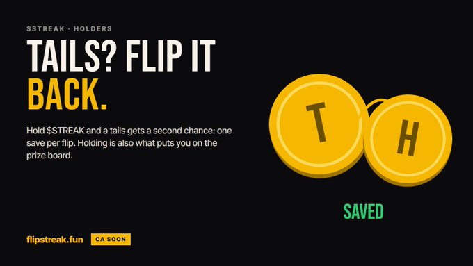 Promotional image for '$STREAK · HOLDERS' with text 'TAILS? FLIP IT BACK.' explaining the coin flip mechanic, featuring two yellow coins with 'T' and 'H' and the word 'SAVED' in green, from flipstreak.fun.