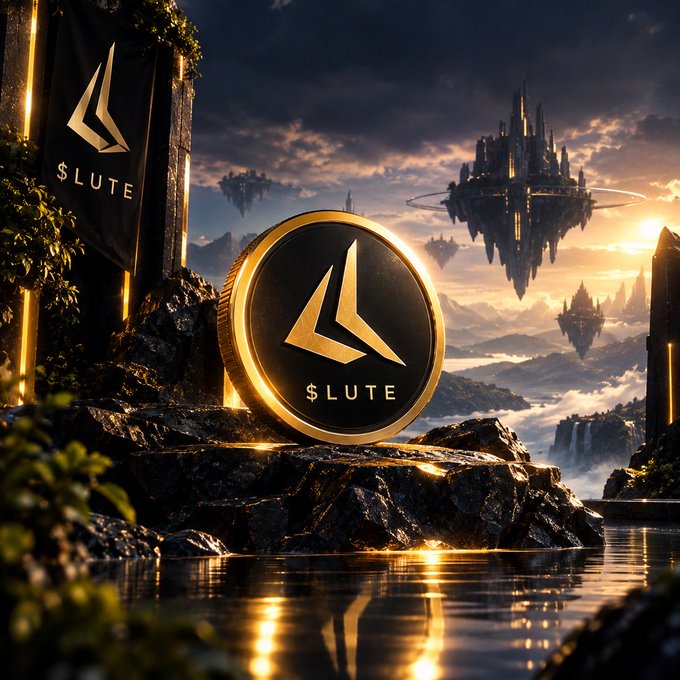 A digital artwork featuring a large gold coin with the '$LUTE' logo, set against a fantasy landscape with floating castles and waterfalls at sunset.