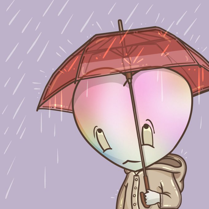 A cute illustration of a character with a teardrop-shaped head holding a red umbrella in the rain.