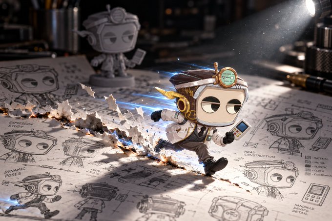 A 3D-rendered character with a steampunk-style helmet and goggles bursts dramatically out of a design blueprint, leaving a trail of sparks and torn paper behind. Surrounding sketches show character studies labeled "EXPRESSION STUDY," "DYNAMIC POSES," and "HEAD CONSTRUCTION."