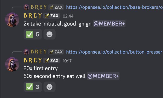A Discord screenshot shows BREY's ZAX bot winning 2x in the Base Brokers collection at 02:44 and 20x/50x in the Button Presser collection at 10:17, with the 50x win being the "great start" referenced in the post.