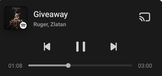 A Spotify music player interface showing a song titled 'Giveaway' by Ruger and Zlatan at 1:08 of a 3:00 track.