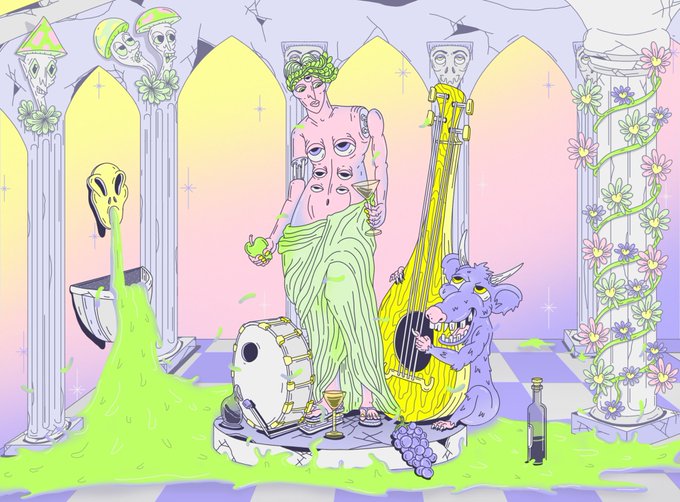 Surreal, pastel-colored digital drawing of a multi-eyed figure wearing a laurel wreath and green draped clothing, standing next to a purple creature playing a golden harp in a columned hall.