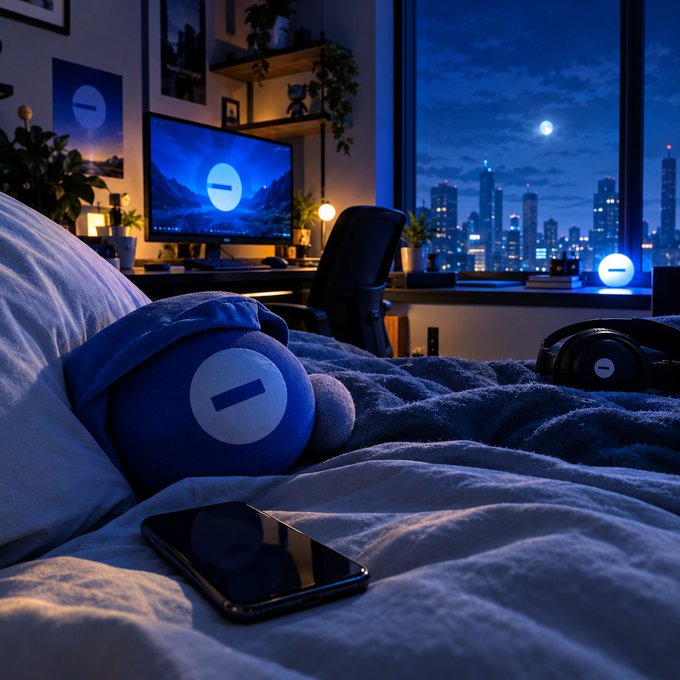 An AI-generated bedroom scene at night featuring a city skyline, a glowing monitor, a smartphone, headphones, and plush toys all marked with the same symbol.