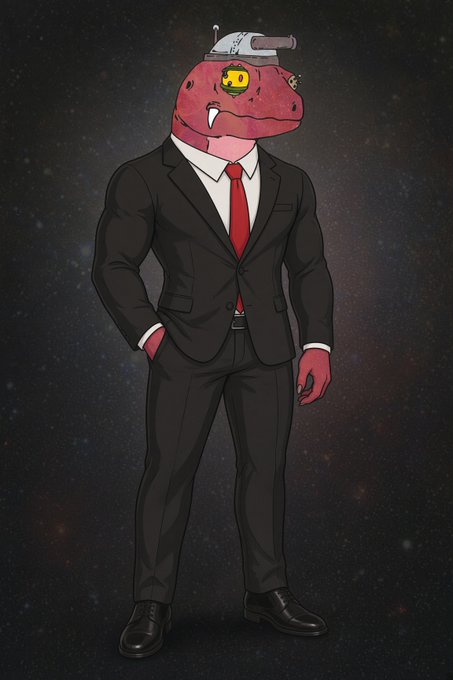 An illustration of an anthropomorphic red reptilian character with a gun for a head, wearing a black business suit with a red tie, standing against a starry space background.