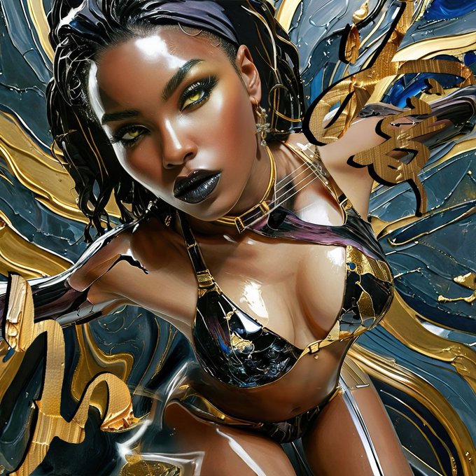 A stylized digital artwork/AI-generated image of a glamorous woman with dark skin, golden eyes, and dramatic makeup, wearing a black and gold bikini-style outfit against an ornate gold and dark decorative background.