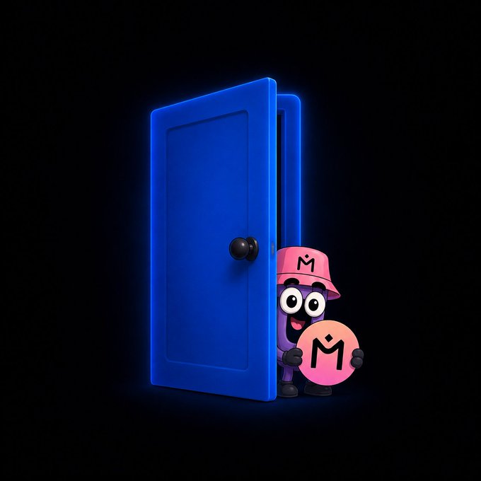 A cartoon character peeks out from behind a blue door, holding a coin with an "M" logo, representing the closing $NVNM early access window for the $MANTRA community.