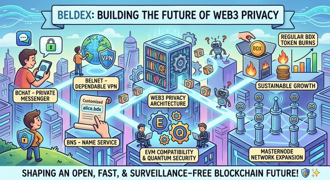 An illustrated infographic titled 'BELDEX: BUILDING THE FUTURE OF WEB3 PRIVACY' highlighting features like BChat, BELNET, BNS Name Service, EVM Compatibility, and Masternode Network Expansion, with the tagline 'SHAPING AN OPEN, FAST, & SURVEILLANCE-FREE BLOCKCHAIN FUTURE!'