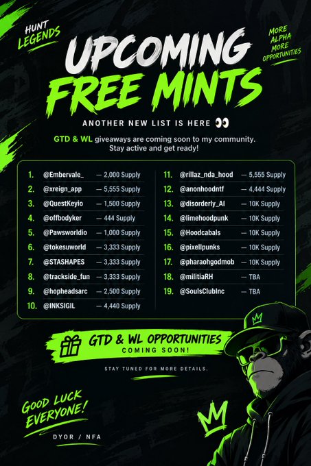 A promotional graphic titled 'UPCOMING FREE MINTS' from HUNT LEGENDS listing 19 NFT giveaways with various supply amounts (e.g., @Embervale 2,000 Supply, @xreign_app 5,555 Supply, @QuestKeyio 1,500 Supply), announcing upcoming GTD & WL giveaways.