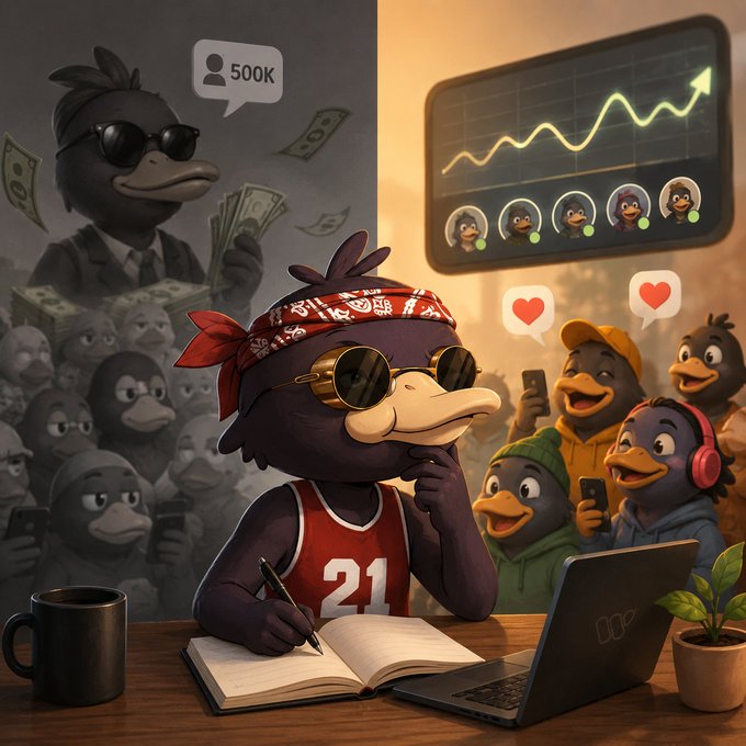 The image features a cartoon duck sitting at a desk with an open book, laptop, and cell phone nearby. The duck appears to be reading or working on something related to social media, as there are several people around him who seem to be engaged in similar activities. The scene suggests that the characters might be discussing or sharing content about their online presence, such as followers, attention, trust, and audience engagement. The image also includes a post with the caption "followers can be bought. attention can be rented. trust has to be earned. that'S why @wallchain feels interesting to me." This implies that the characters might be discussing strategies for building their online presence or analyzing the effectiveness of their current approach.