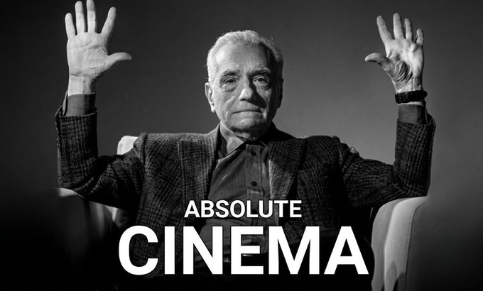 A black and white photo of an older man with his hands raised dramatically is overlaid with the text 'ABSOLUTE CINEMA.'