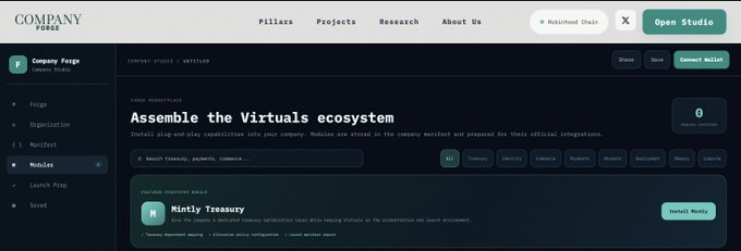 The image shows the Company Forge dashboard with a dark theme interface, displaying an "Assemble the Virtuals ecosystem" page where Mintly Treasury is featured as a featured registered module, along with navigation tabs like Pillars, Projects, and Research, and a "Launch Tokenize, payments, commerce..." search bar. This visual supports the announcement by illustrating how @GoMintly has been integrated into the Company Forge ecosystem as part of their alignment with the @virtuals_io ecosystem standards.