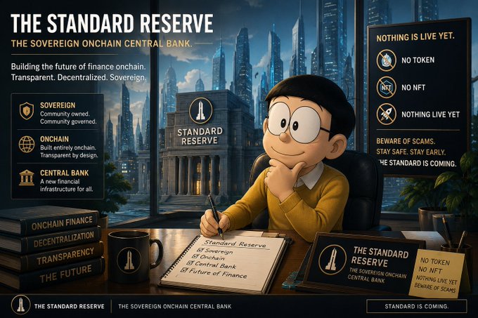 A cartoon-styled promotional graphic for "The Standard Reserve - The Sovereign Onchain Central Bank," showing an animated character at a desk in a futuristic cityscape, with side panels highlighting its community-owned, fully onchain, transparent features while emphasizing "NO TOKEN, NO NFT, NOTHING LIVE YET" and warning "BEWARE OF SCAMS. STAY SAFE. STAY EARLY. THE STANDARD IS COMING."

The image directly supports the post's observations by visually reinforcing The Standard Reserve's positioning as more than a typical token or NFT project, instead presenting it as a "sovereign onchain central bank" while explicitly confirming that nothing has launched yet and cautioning viewers about potential scams.