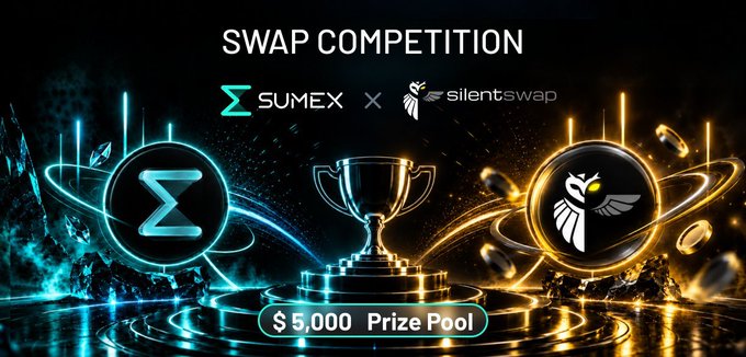 A promotional graphic for a "SWAP COMPETITION" between "SUMEX" and "silentswap" featuring a trophy and a "$5,000 Prize Pool".