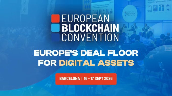 A promotional banner for the 'European Blockchain Convention' describing it as 'Europe's Deal Floor for Digital Assets', taking place in Barcelona on 16-17 Sept 2026.